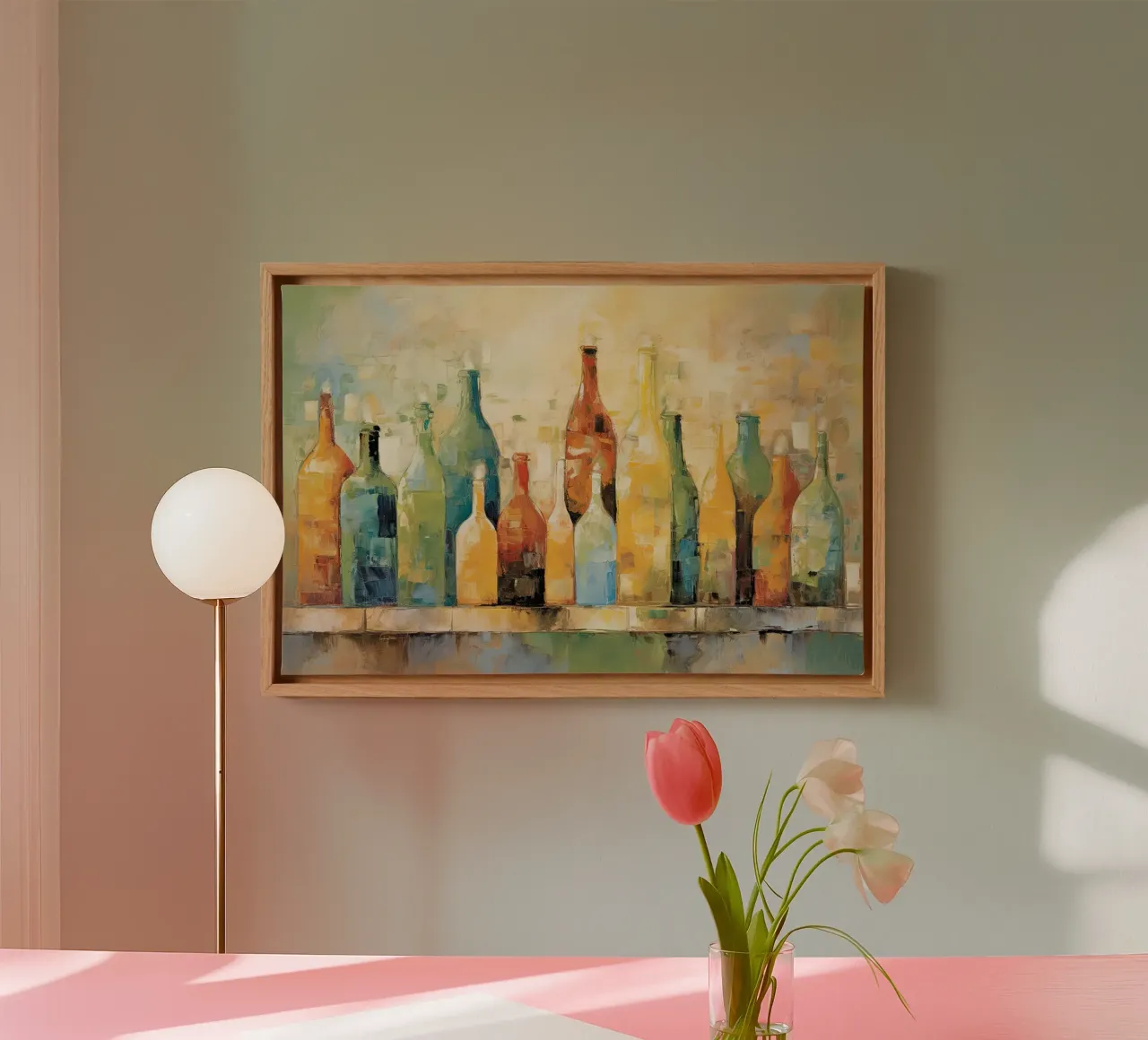 Flessen abstract canvas met Baklijst van Imagine