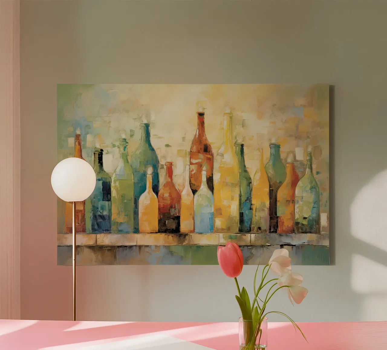 Flessen abstract canvas met Baklijst van Imagine