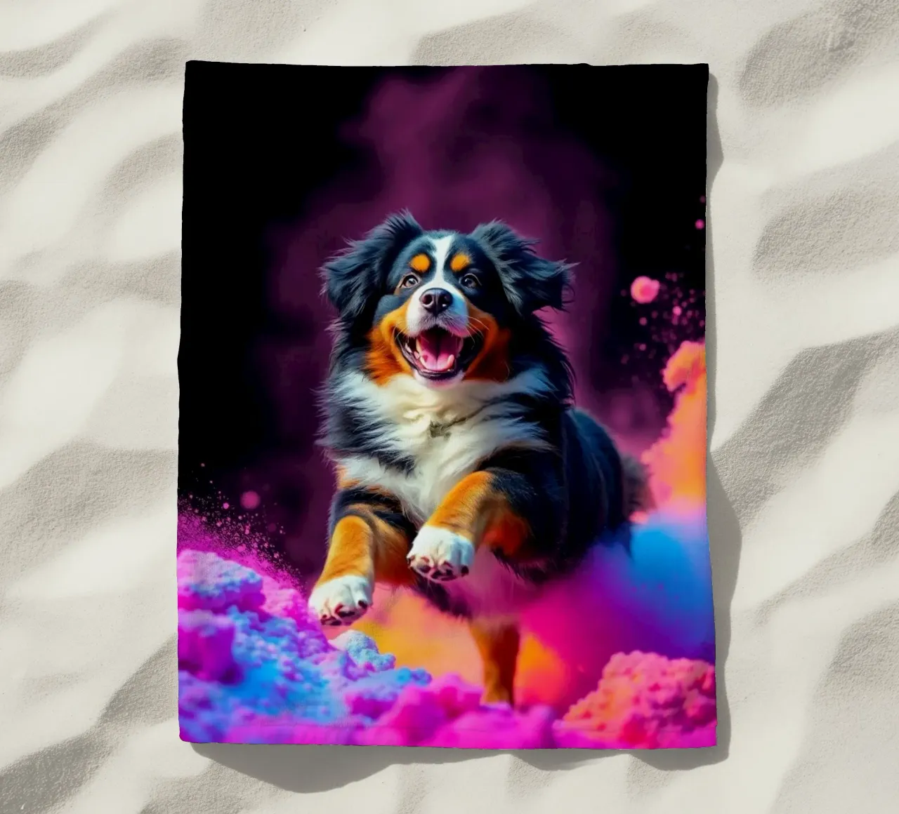 The colorful Bernese Mountain Dog #176 beach towel by Yumis.Beargang.and.Me