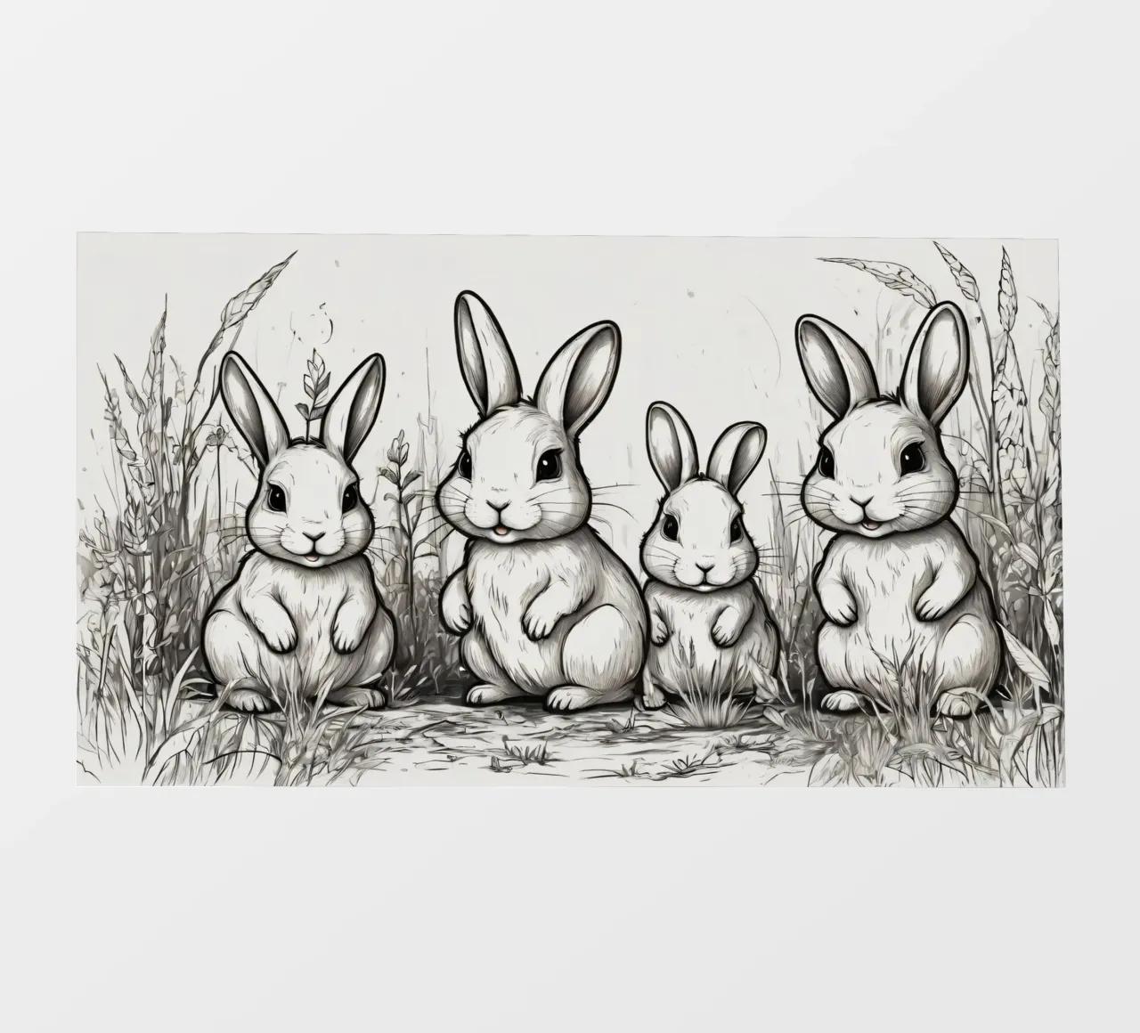 Quattro simpatici conigli dei cartoni animati in piedi insieme in un campo lussureggiante telo in pvc da DesignDoodle