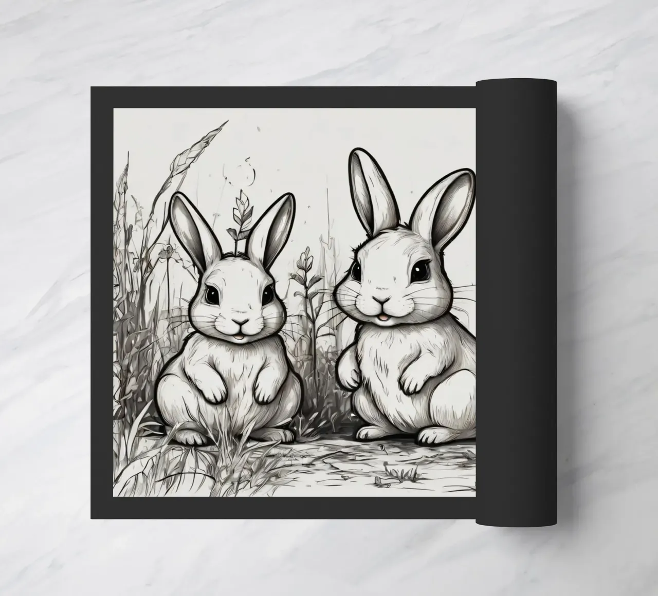 Quattro simpatici conigli dei cartoni animati in piedi insieme in un campo lussureggiante zerbino da DesignDoodle
