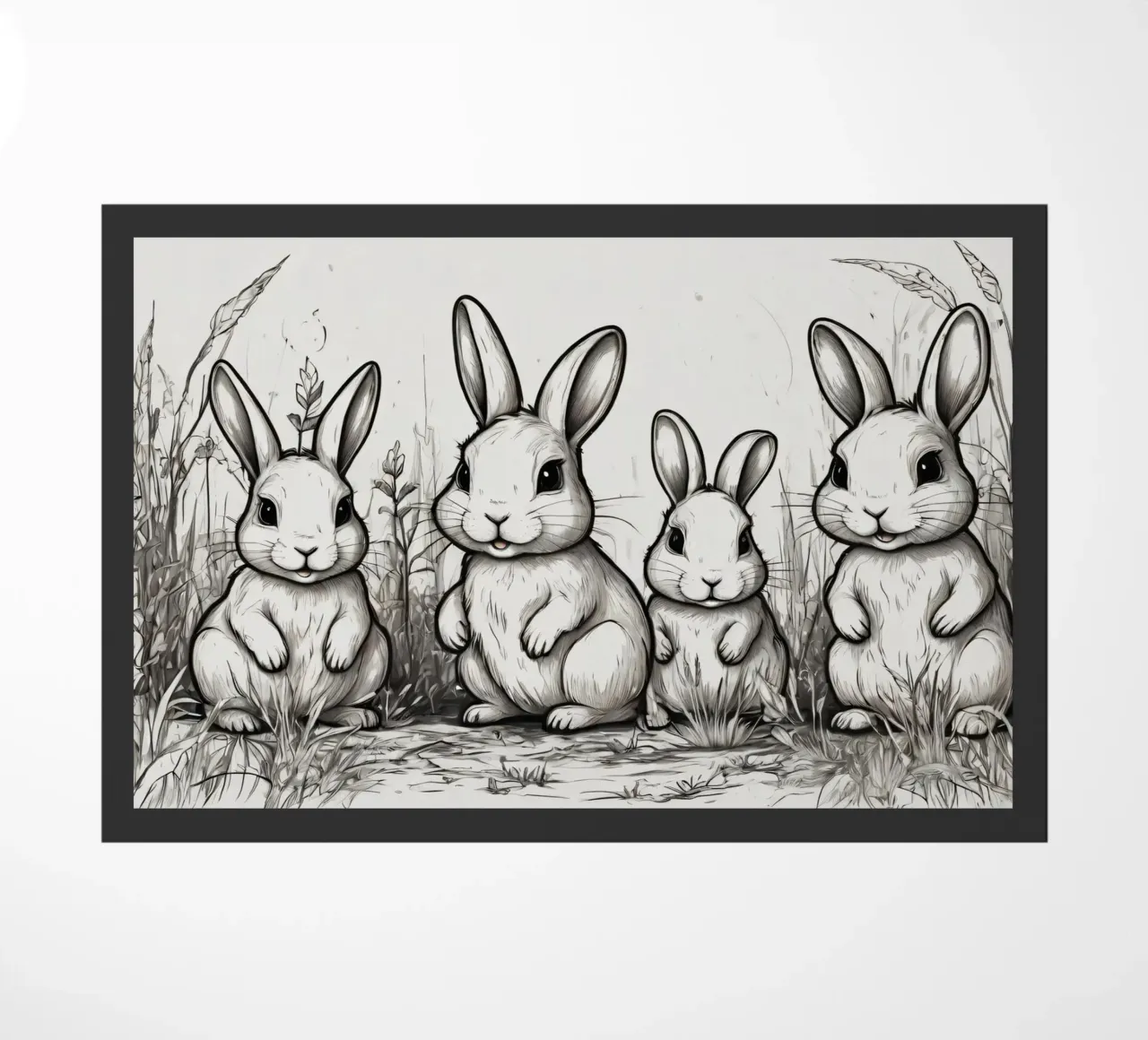 Quattro simpatici conigli dei cartoni animati in piedi insieme in un campo lussureggiante zerbino da DesignDoodle