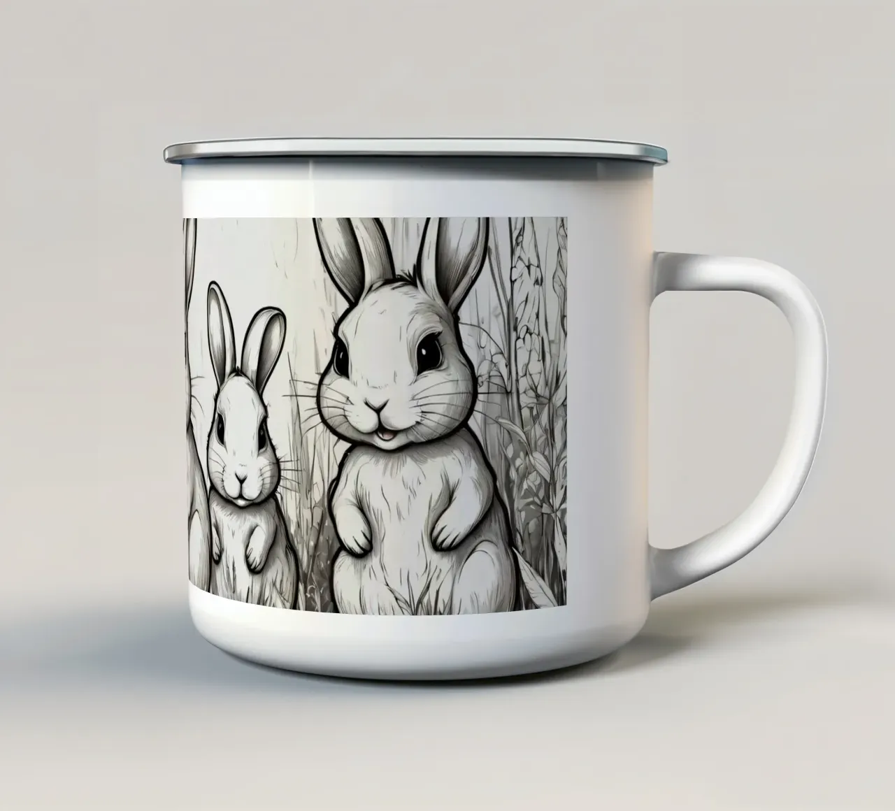 Quattro simpatici conigli dei cartoni animati in piedi insieme in un campo lussureggiante tazza in smalto da DesignDoodle