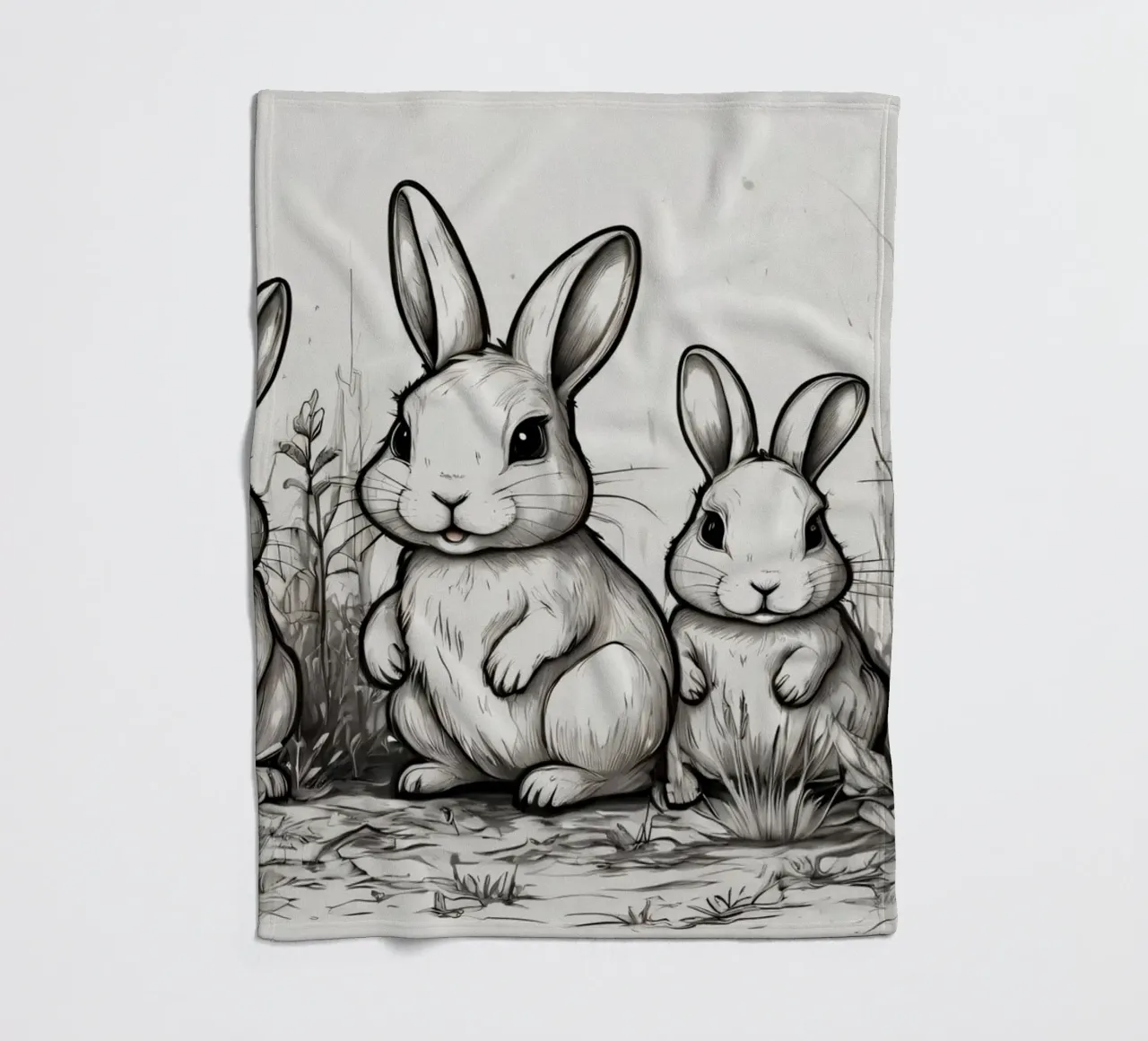 Quattro simpatici conigli dei cartoni animati in piedi insieme in un campo lussureggiante coperta in pile da DesignDoodle