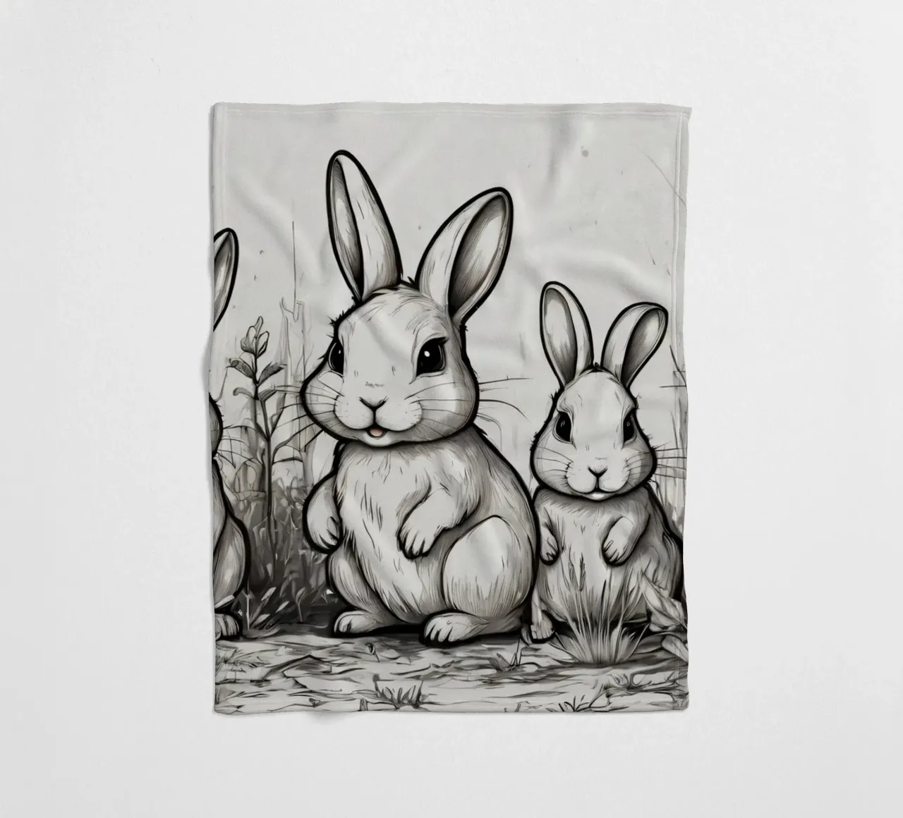 Quattro simpatici conigli dei cartoni animati in piedi insieme in un campo lussureggiante coperta in pile da DesignDoodle
