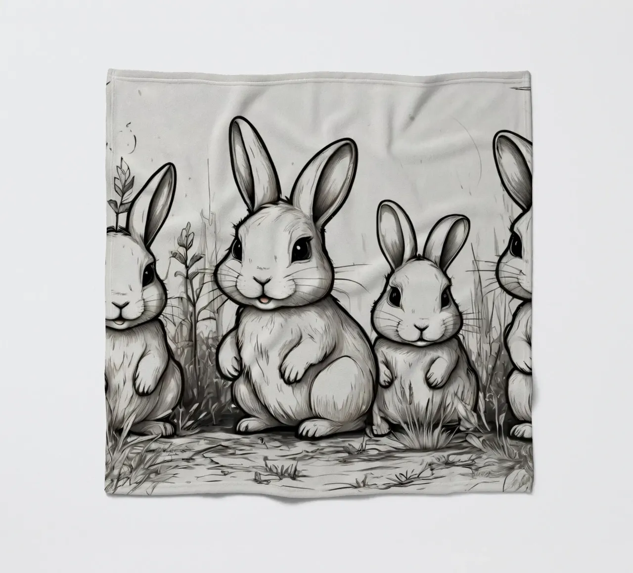 Quattro simpatici conigli dei cartoni animati in piedi insieme in un campo lussureggiante coperta in pile da DesignDoodle