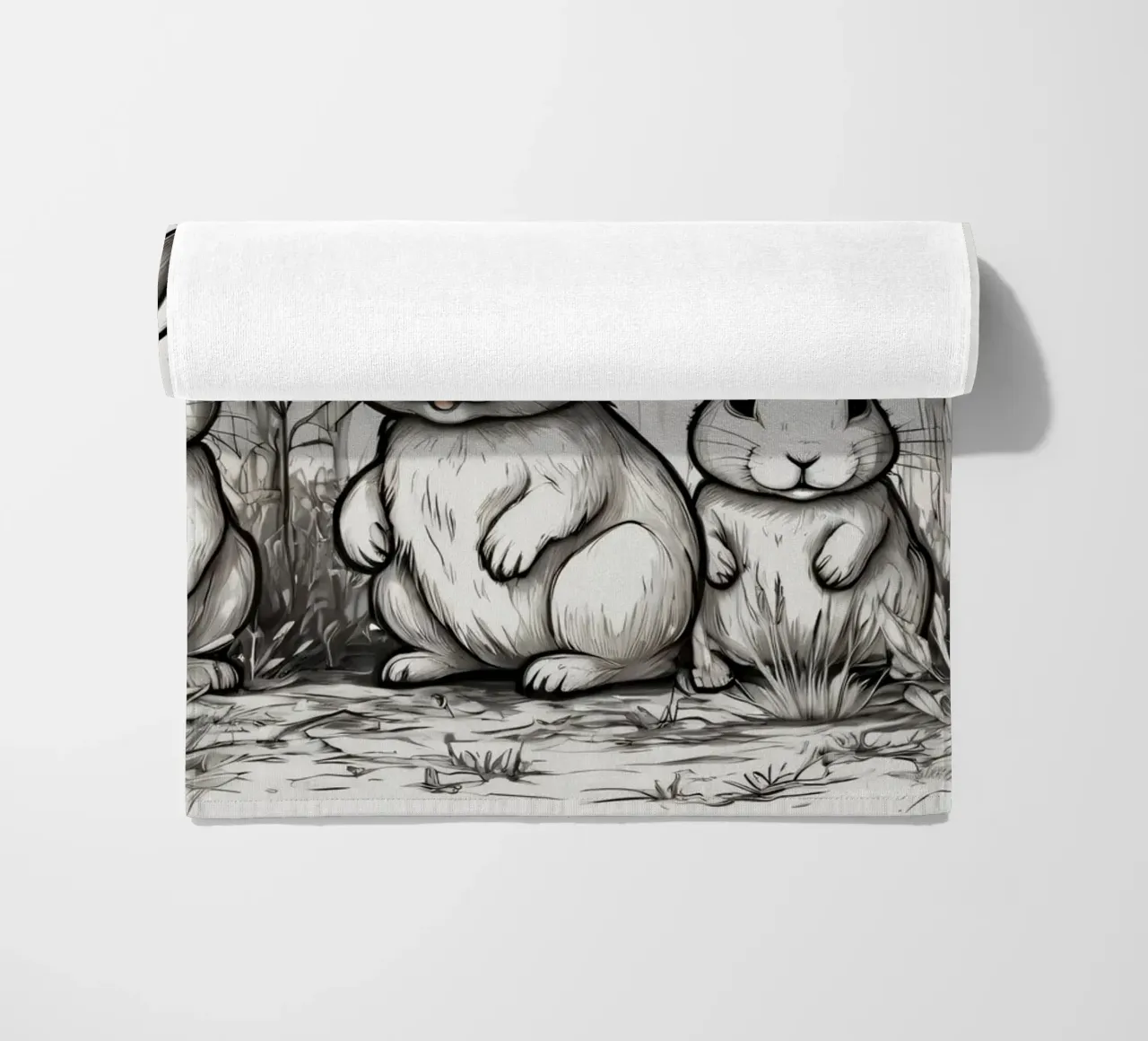 Quattro simpatici conigli dei cartoni animati in piedi insieme in un campo lussureggiante telo mare da DesignDoodle