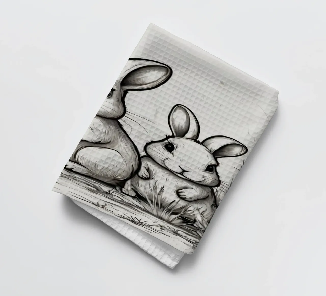 Quattro simpatici conigli dei cartoni animati in piedi insieme in un campo lussureggiante canovaccio da cucina da DesignDoodle