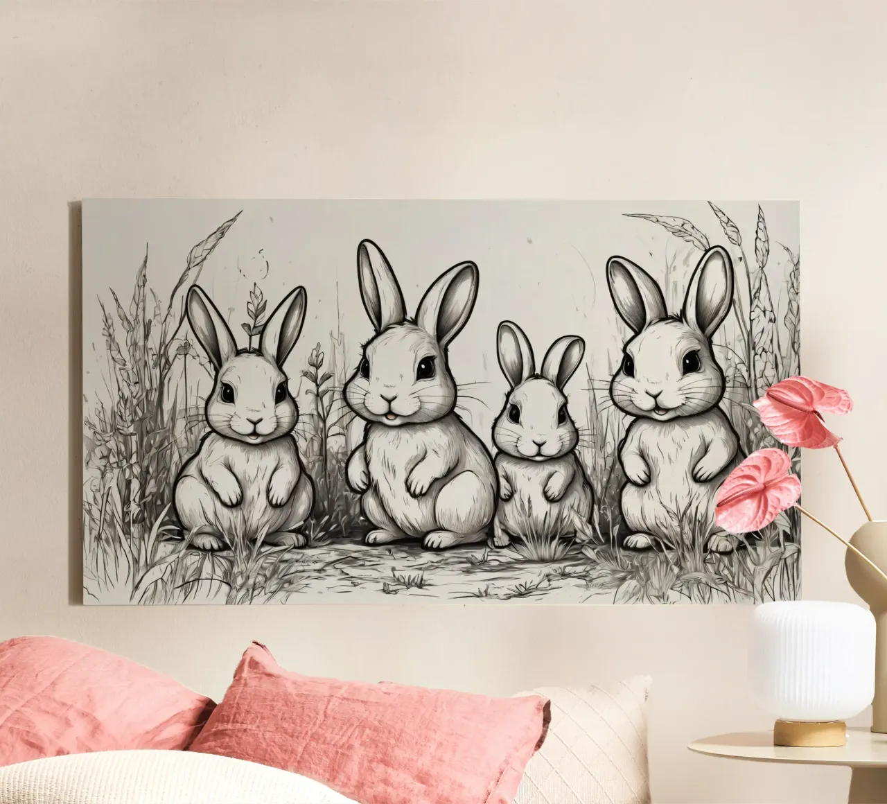Quattro simpatici conigli dei cartoni animati in piedi insieme in un campo lussureggiante tela da DesignDoodle