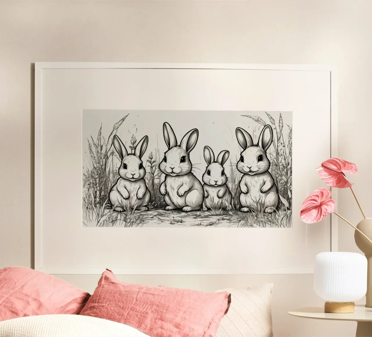 Quattro simpatici conigli dei cartoni animati in piedi insieme in un campo lussureggiante carta hahnemühle da DesignDoodle