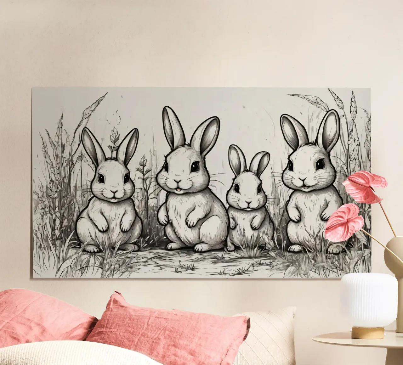 Quattro simpatici conigli dei cartoni animati in piedi insieme in un campo lussureggiante carta hahnemühle da DesignDoodle