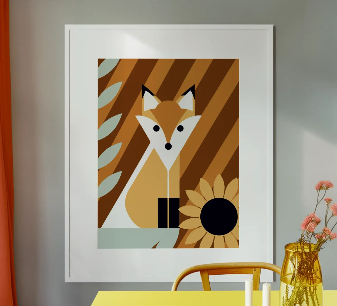 Volpe e fiore del sole poster con telaio in alluminio da LOOK DIFFERENT