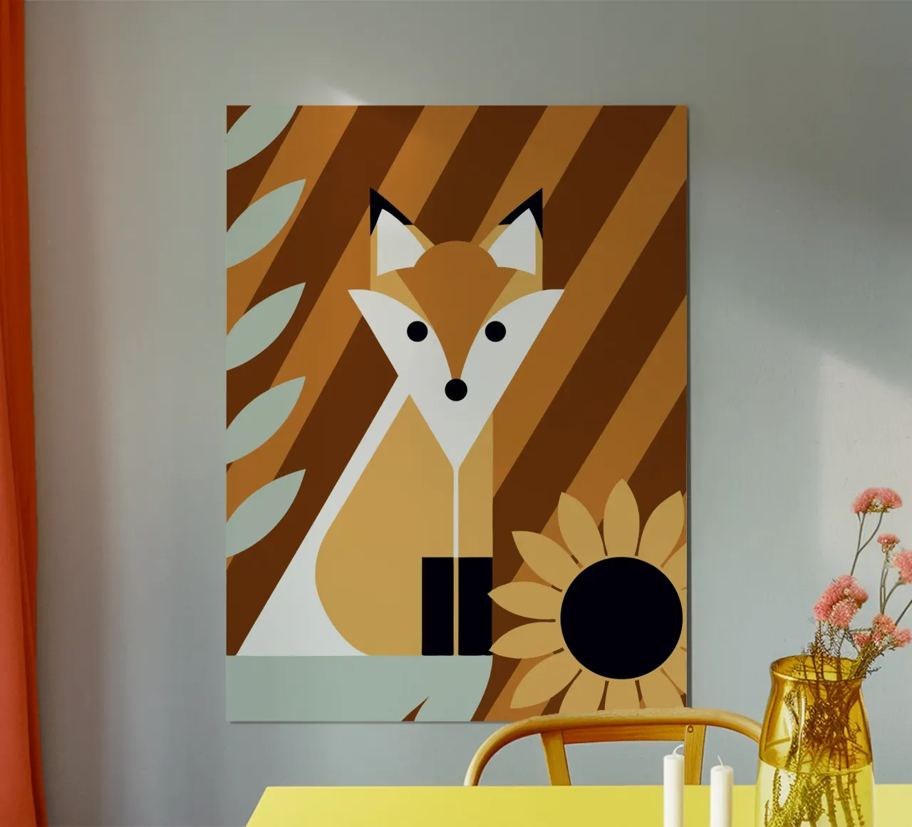 Volpe e fiore del sole poster con telaio in alluminio da LOOK DIFFERENT