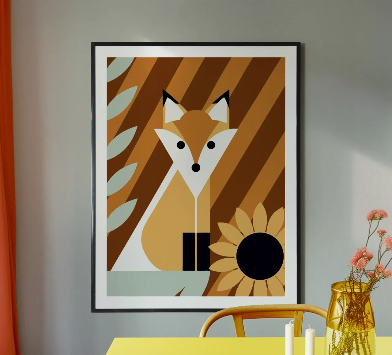 Volpe e fiore del sole poster con telaio in alluminio da LOOK DIFFERENT