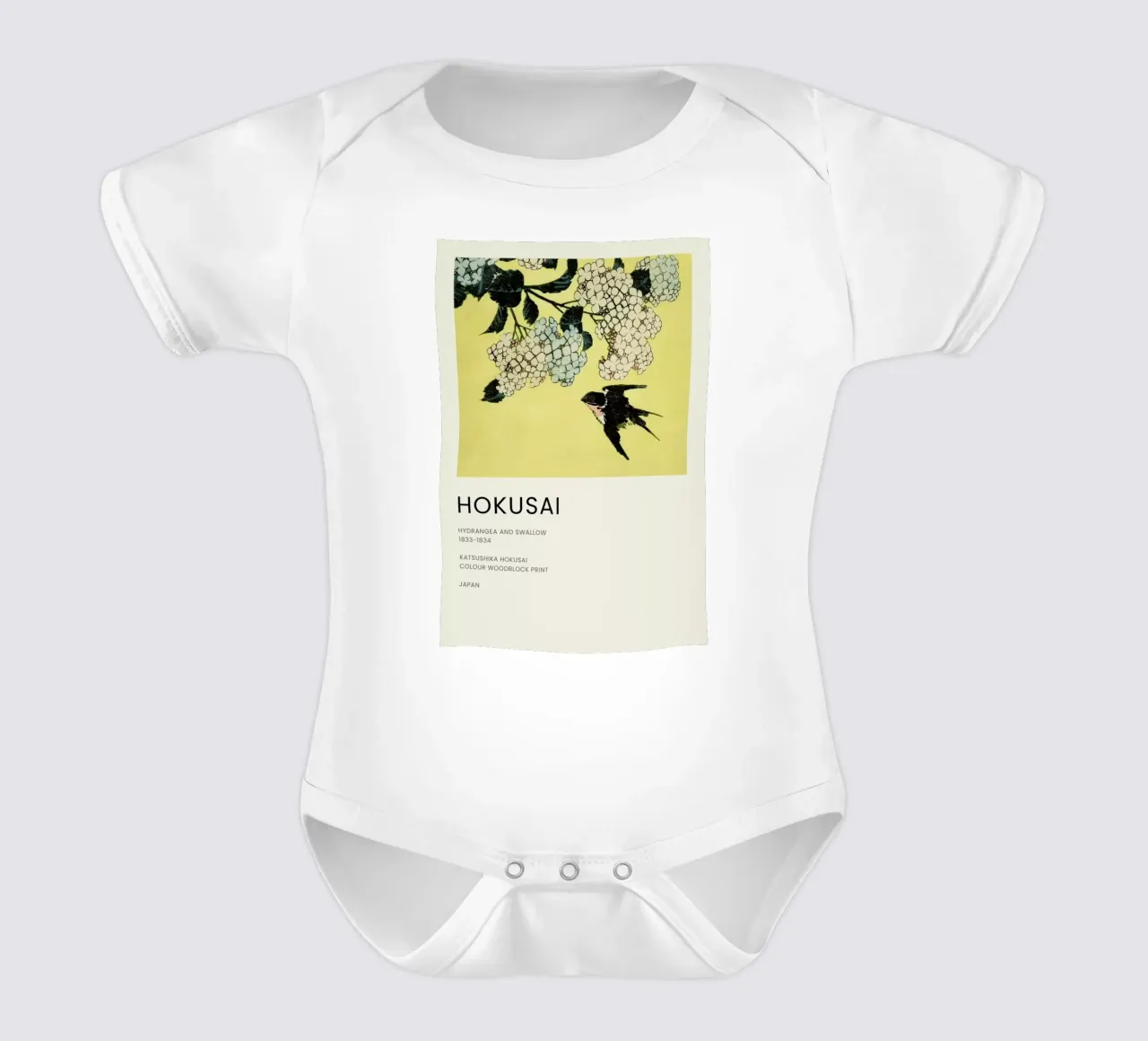 Hokusai - Hydrangea and Swallow body neonato maniche corte da Vintage by JUNIQE