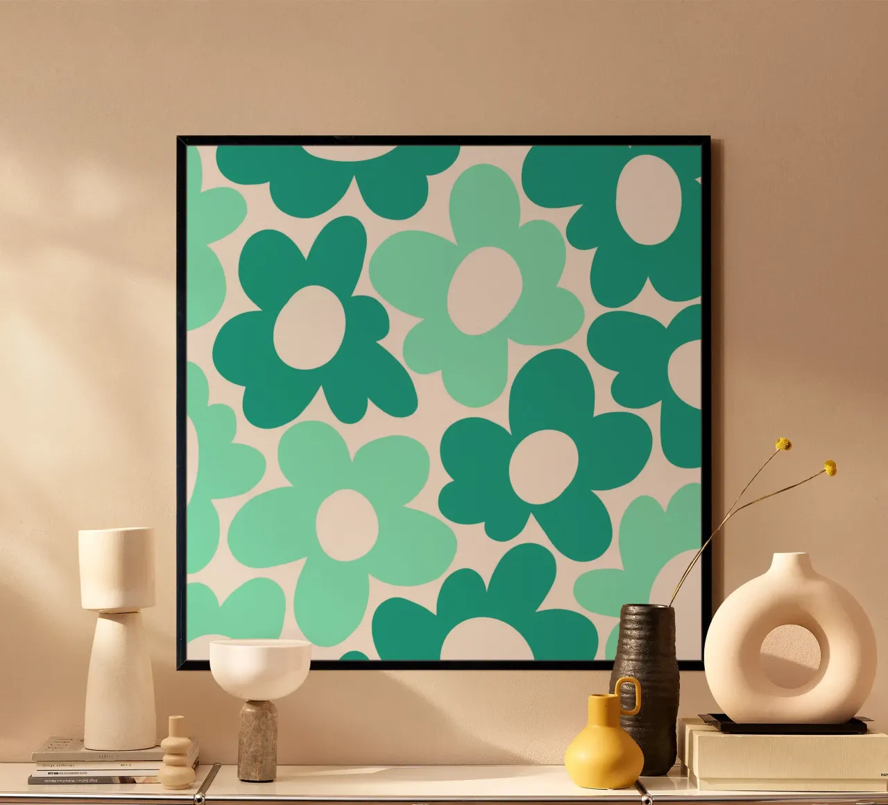 Potenza floreale minimalista in acqua e verde acqua poster con telaio in plastica da Happy Littles