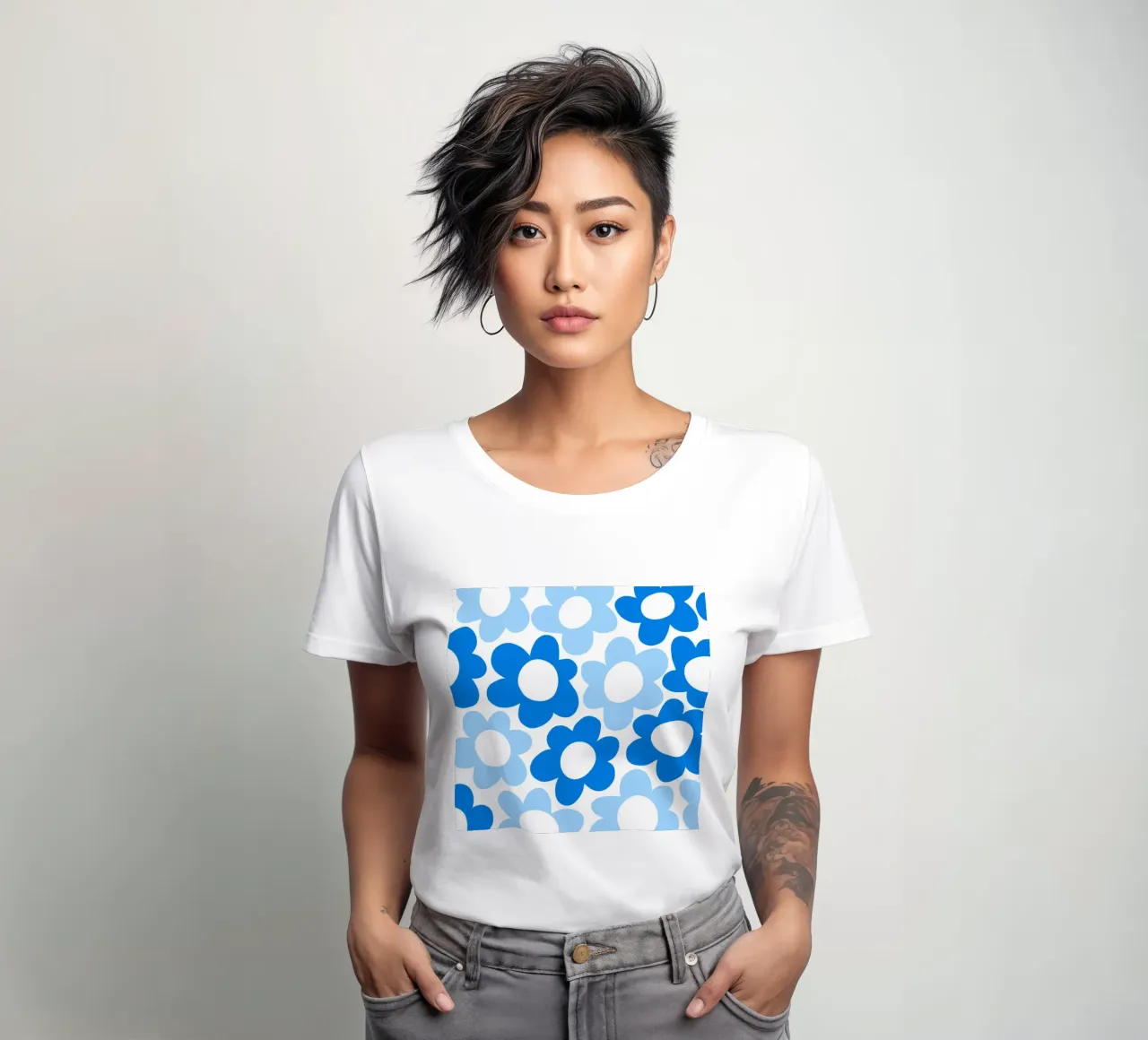 Minimalist Flower Power in Sky & Cobalt Blue women's fitted t-shirt by Happy Littles