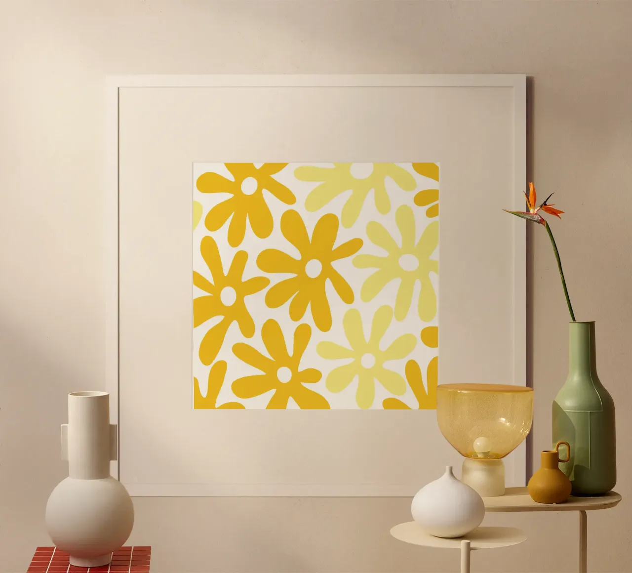 Flower Power minimaliste en jaune et crème au beurre poster avec cadre en aluminium de Happy Littles