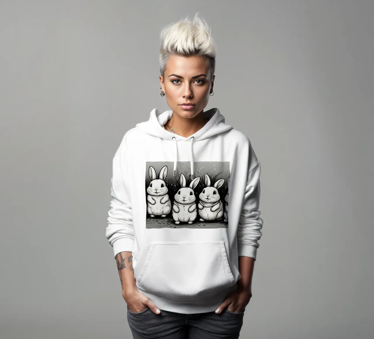 Cinco adorables conejos se sientan juntos en una zona de hierba sudadera con capucha de DesignDoodle
