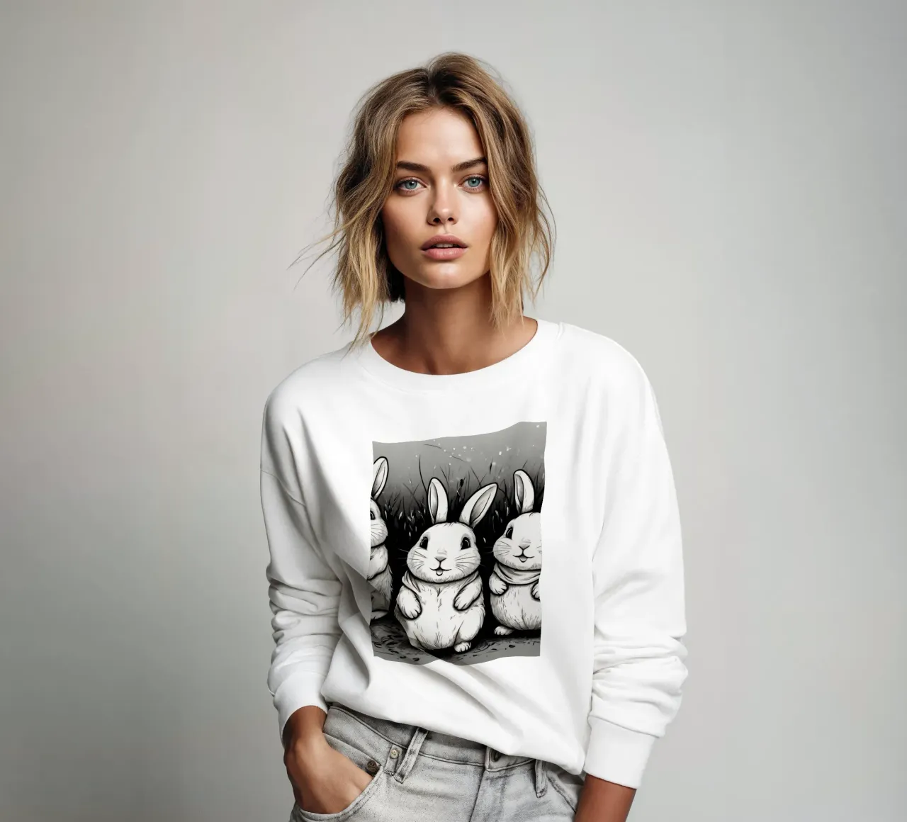Cinco adorables conejos se sientan juntos en una zona de hierba sudadera de DesignDoodle