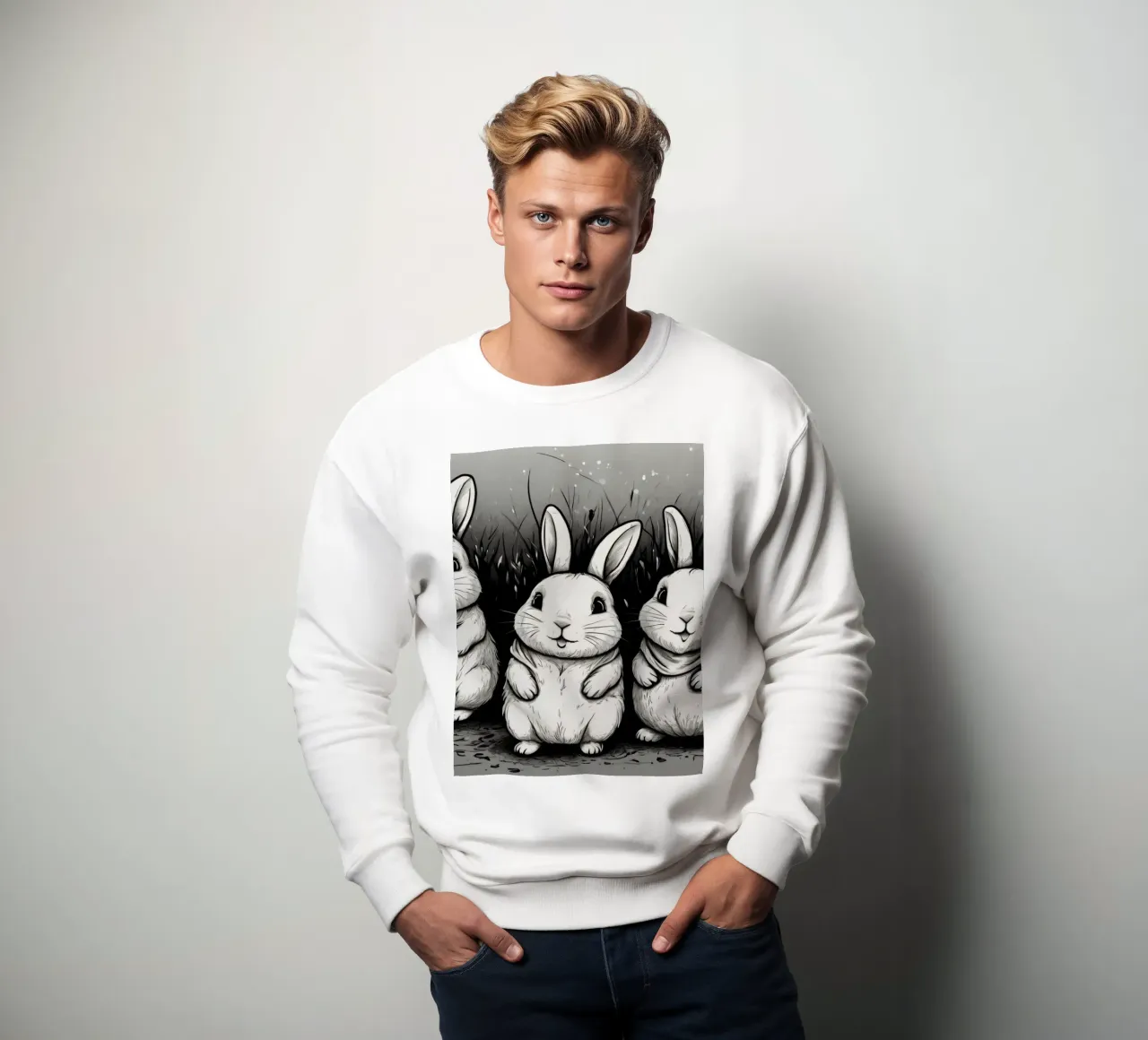 Cinco adorables conejos se sientan juntos en una zona de hierba sudadera de DesignDoodle