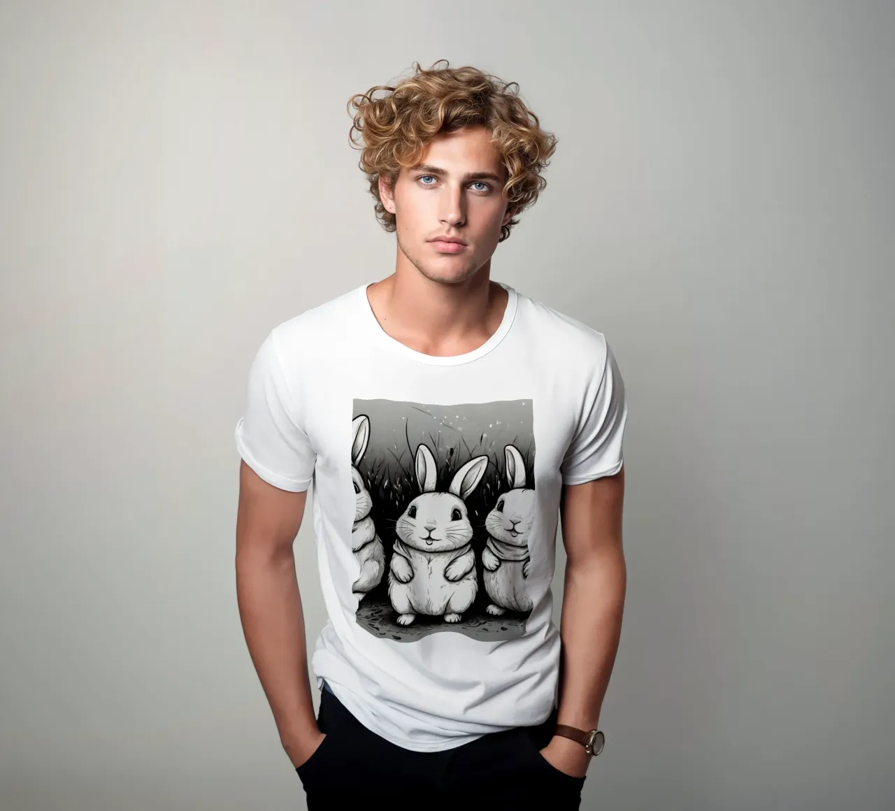 Cinco adorables conejos se sientan juntos en una zona de hierba camiseta de DesignDoodle