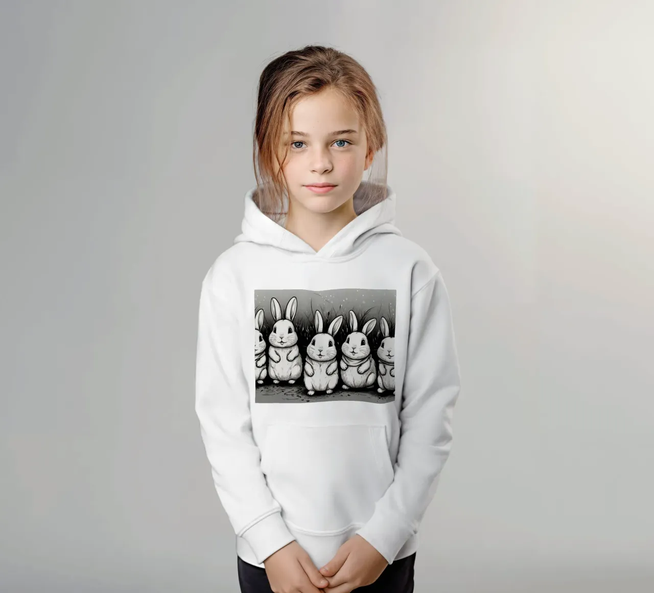 Cinco adorables conejos se sientan juntos en una zona de hierba sudadera con capucha para niño de DesignDoodle