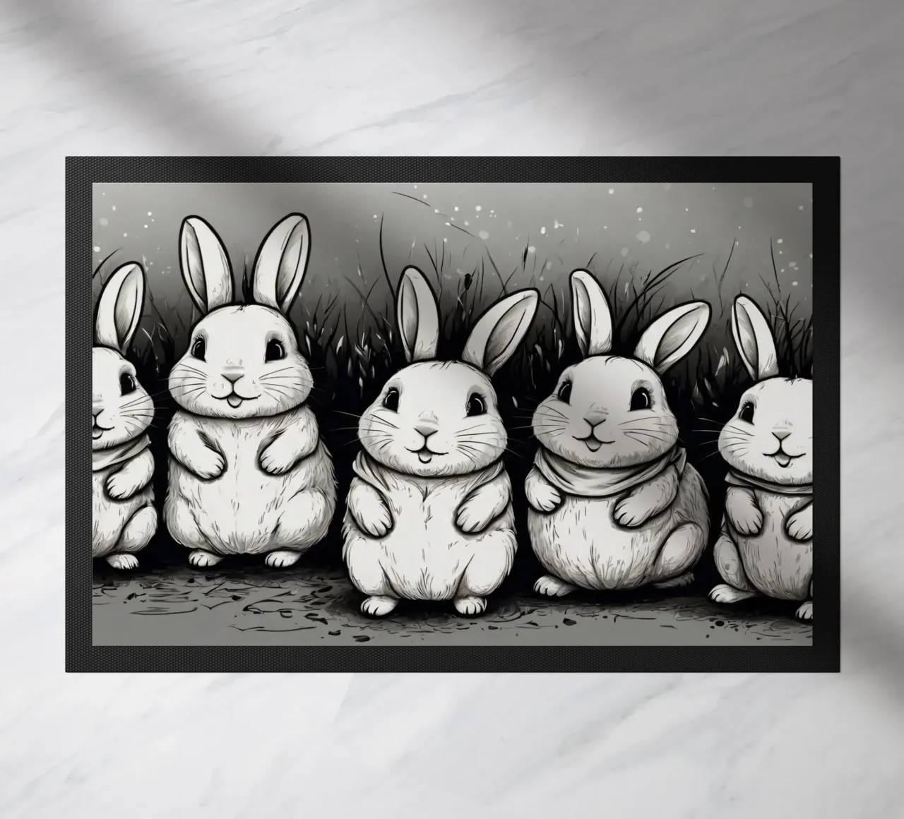 Cinco adorables conejos se sientan juntos en una zona de hierba felpudo de DesignDoodle