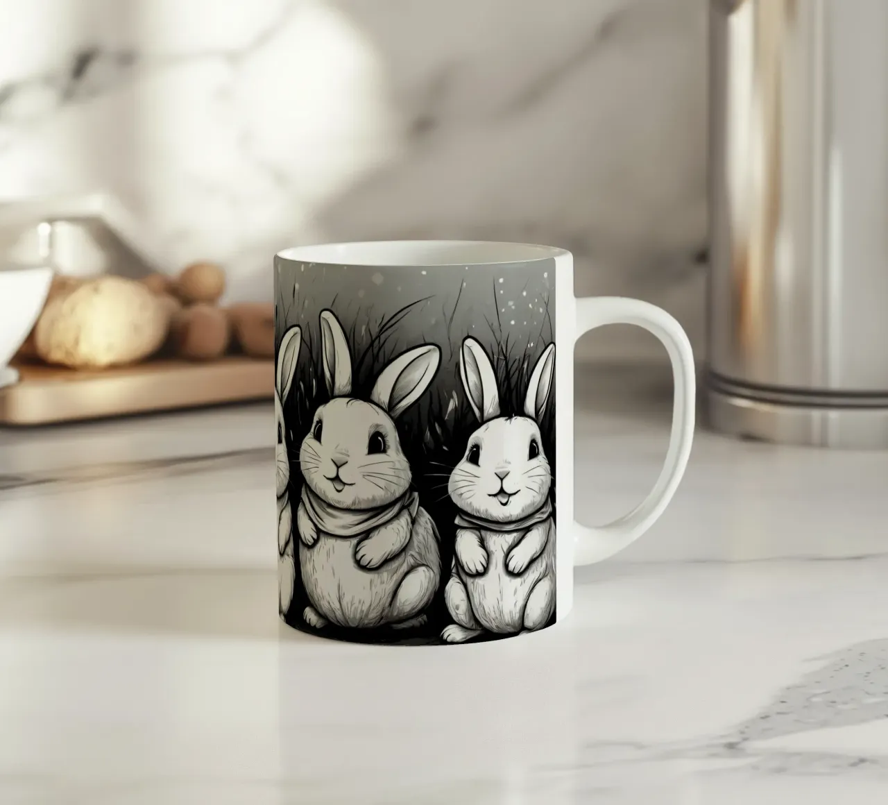 Cinque adorabili conigli siedono insieme in una zona erbosa tazza in ceramica da DesignDoodle