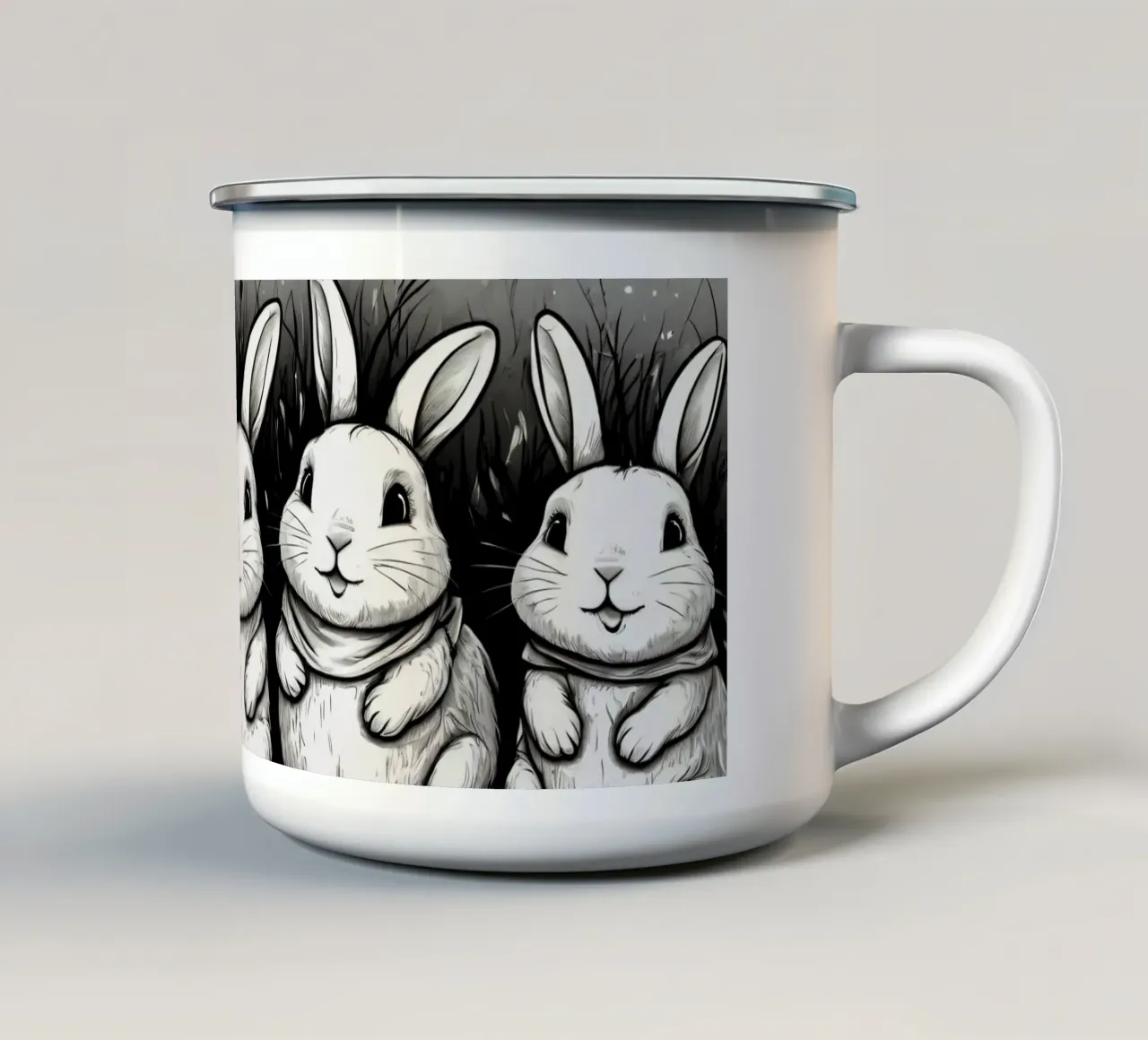 Cinque adorabili conigli siedono insieme in una zona erbosa tazza in smalto da DesignDoodle
