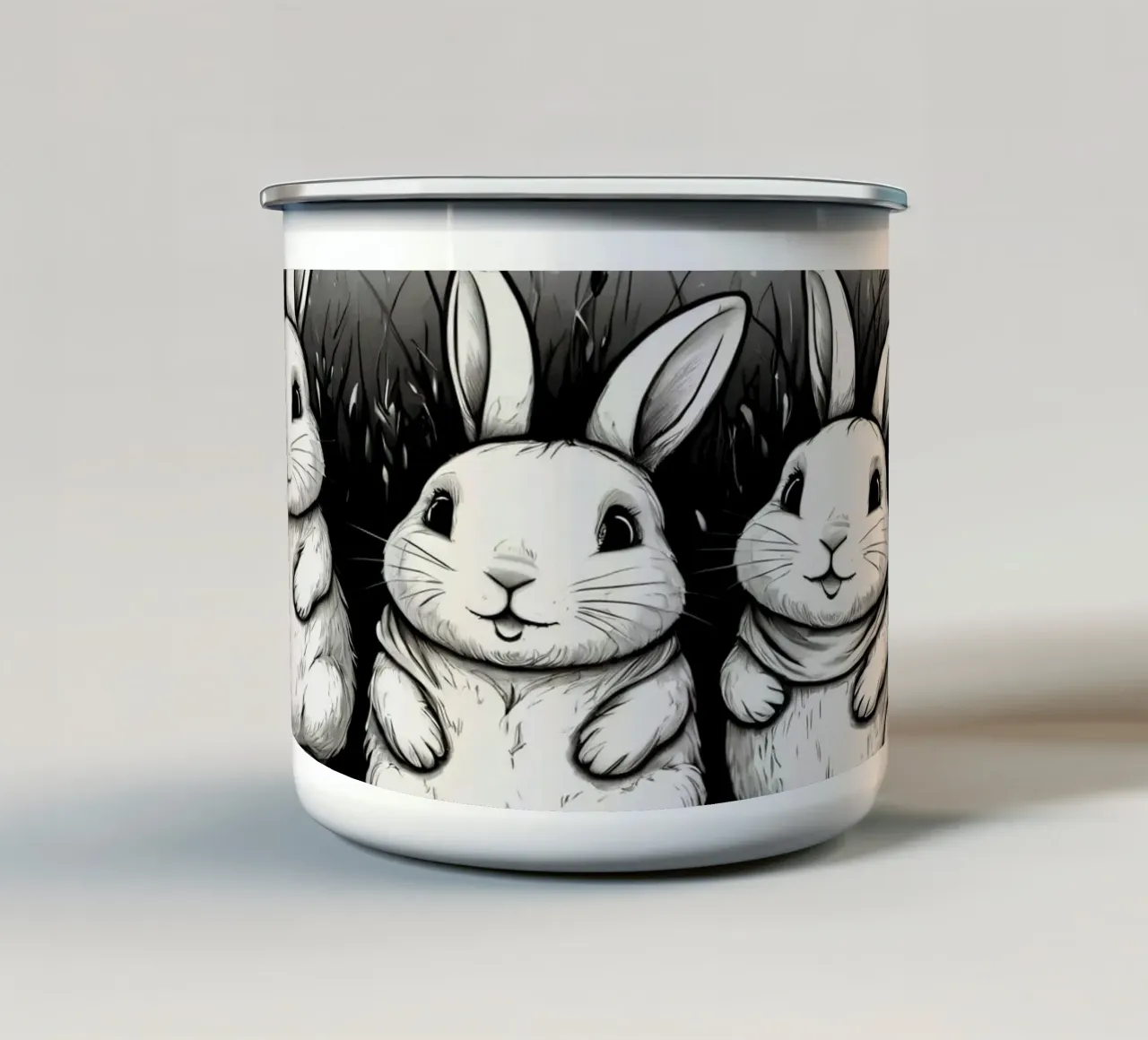 Cinque adorabili conigli siedono insieme in una zona erbosa tazza in smalto da DesignDoodle