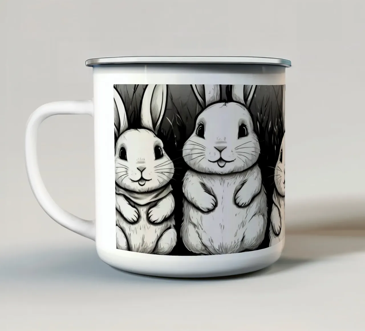 Cinque adorabili conigli siedono insieme in una zona erbosa tazza in smalto da DesignDoodle