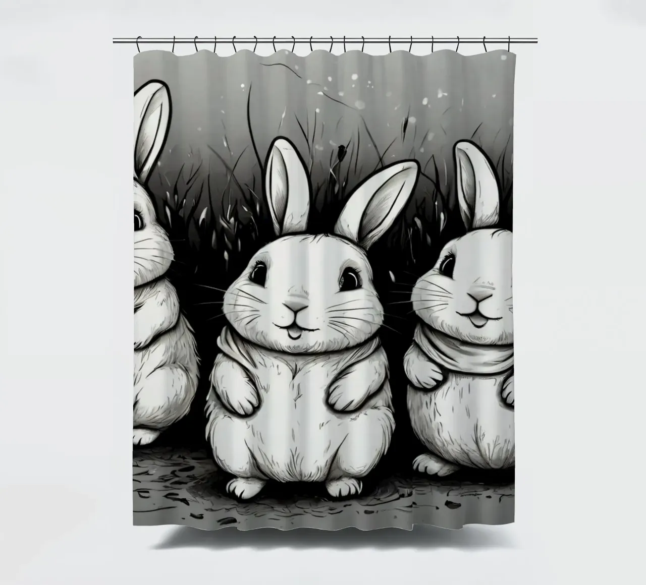 Five adorable rabbits sit together in a grassy area shower curtain by DesignDoodle