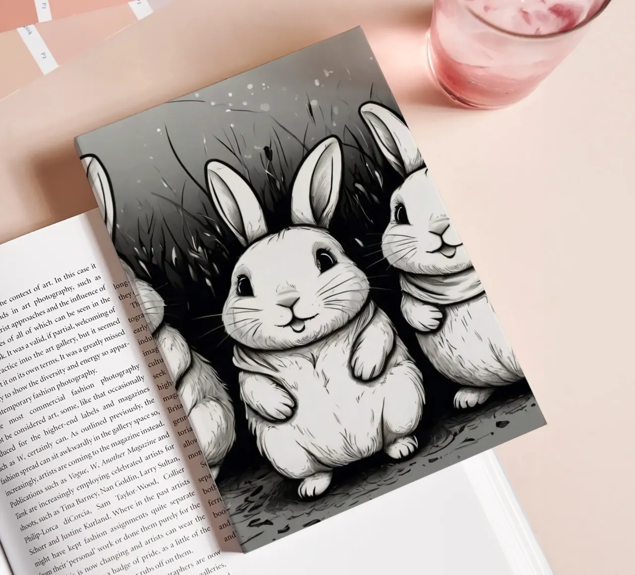 Cinq adorables lapins assis ensemble dans l'herbe carnet de notes de DesignDoodle
