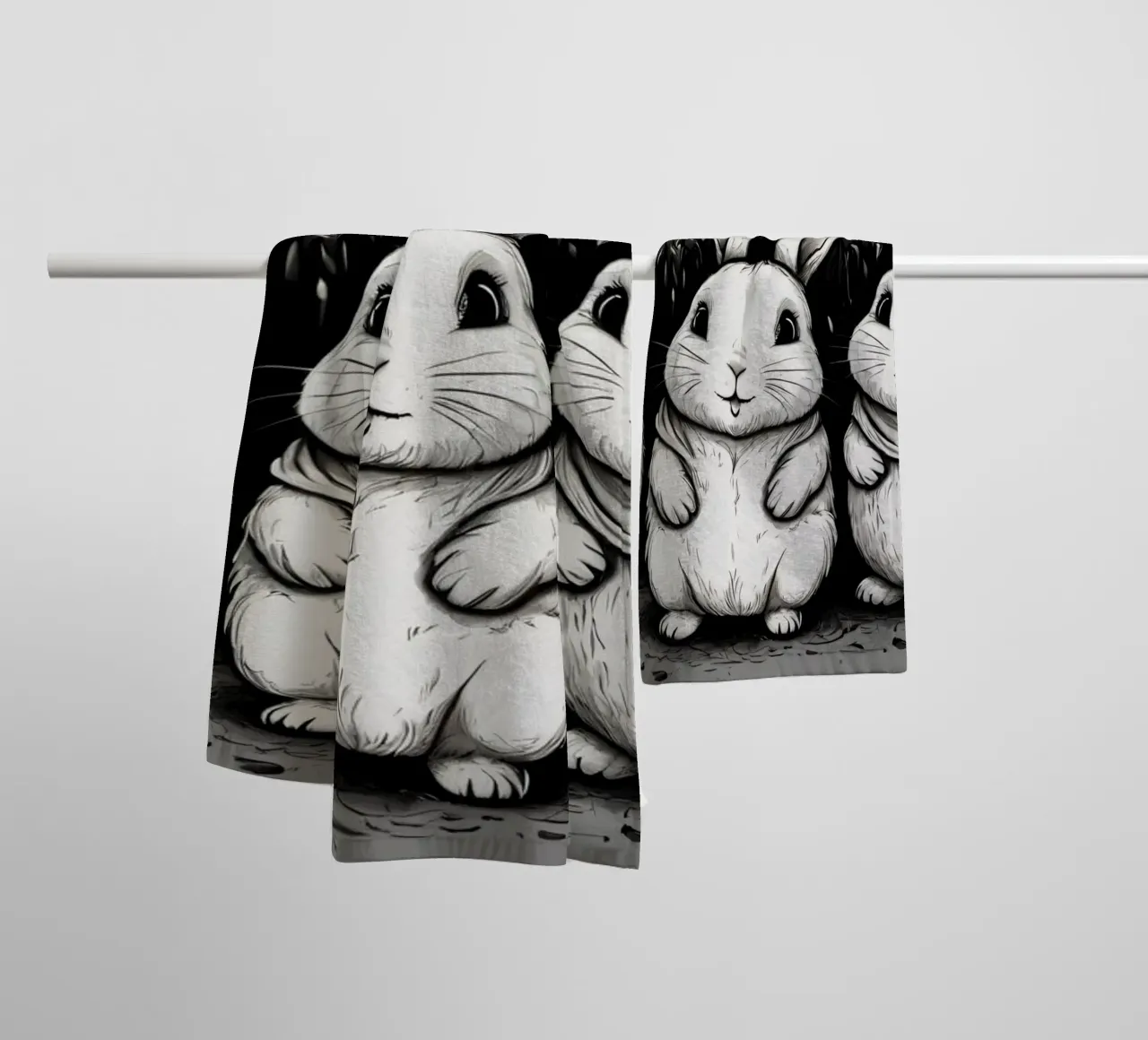 Cinco adorables conejos se sientan juntos en una zona de hierba toalla de baño de DesignDoodle