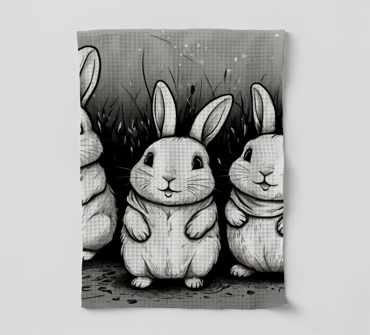 Cinco adorables conejos se sientan juntos en una zona de hierba paño de cocina de DesignDoodle