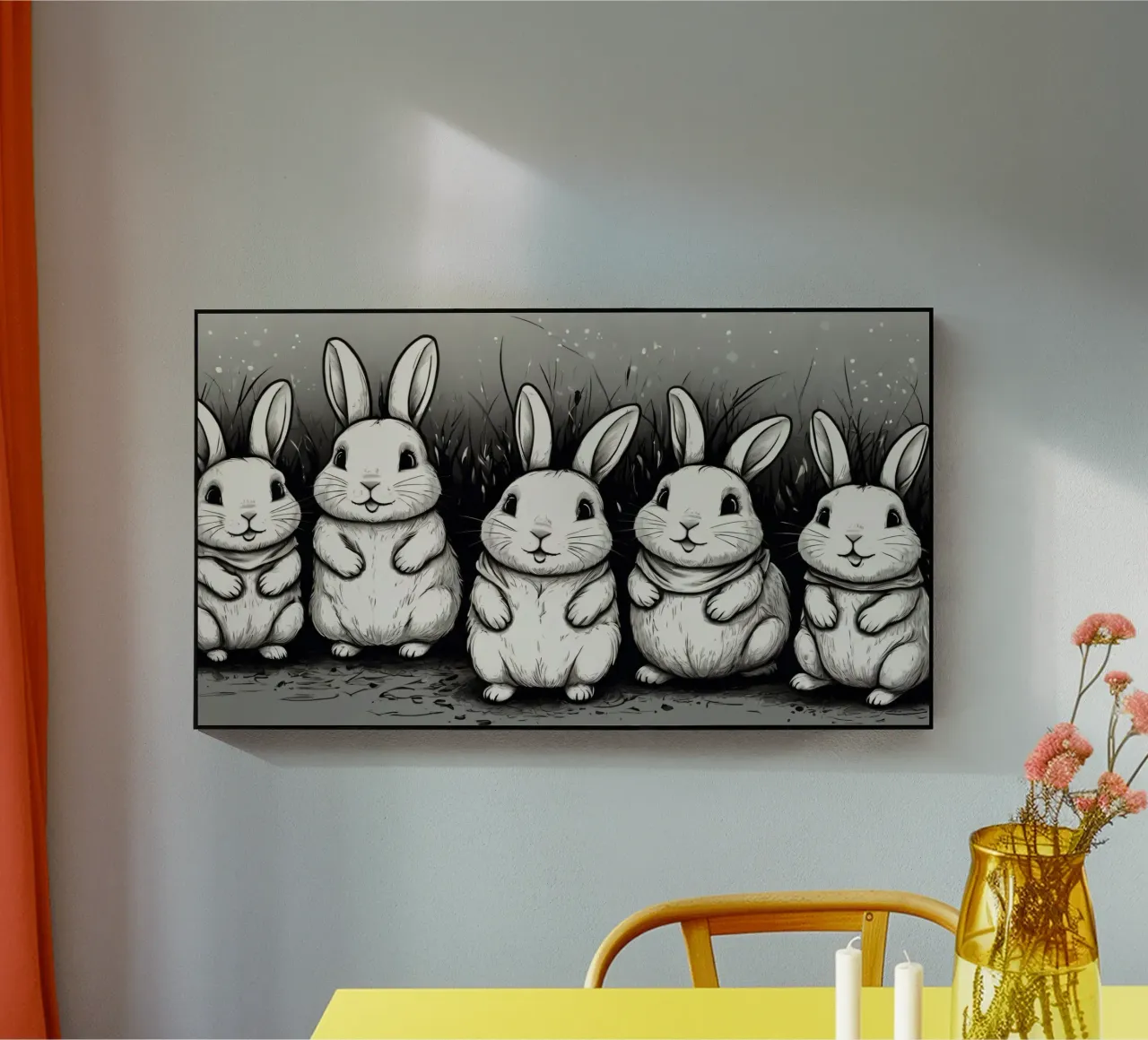 Cinco adorables conejos se sientan juntos en una zona de hierba metacrilato de DesignDoodle