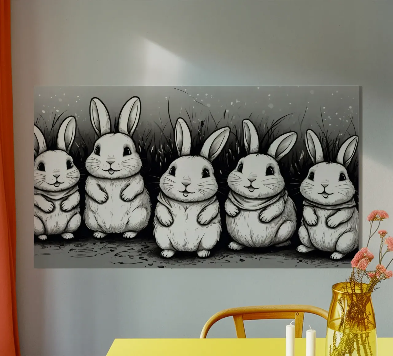 Cinco adorables conejos se sientan juntos en una zona de hierba metacrilato de DesignDoodle