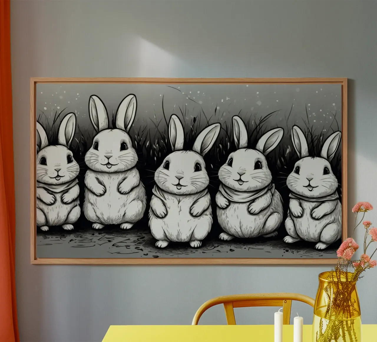 Cinco adorables conejos se sientan juntos en una zona de hierba aluminio dibond de DesignDoodle