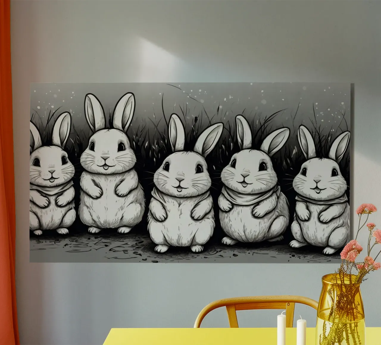 Cinco adorables conejos se sientan juntos en una zona de hierba aluminio dibond de DesignDoodle