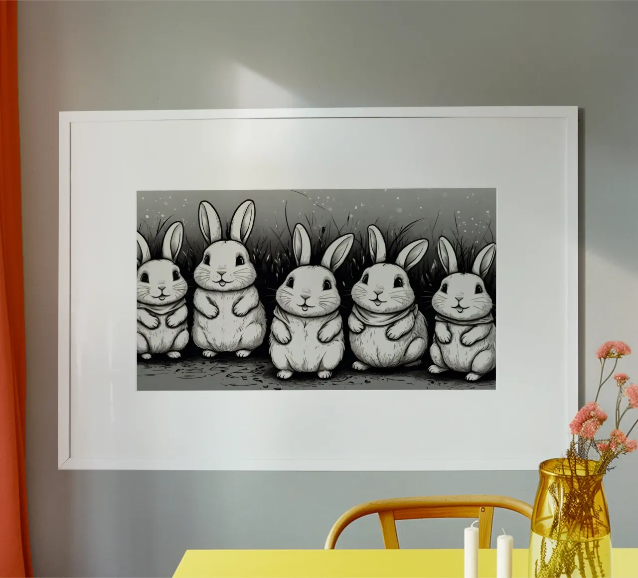 Cinco adorables conejos se sientan juntos en una zona de hierba hahnemühle de DesignDoodle