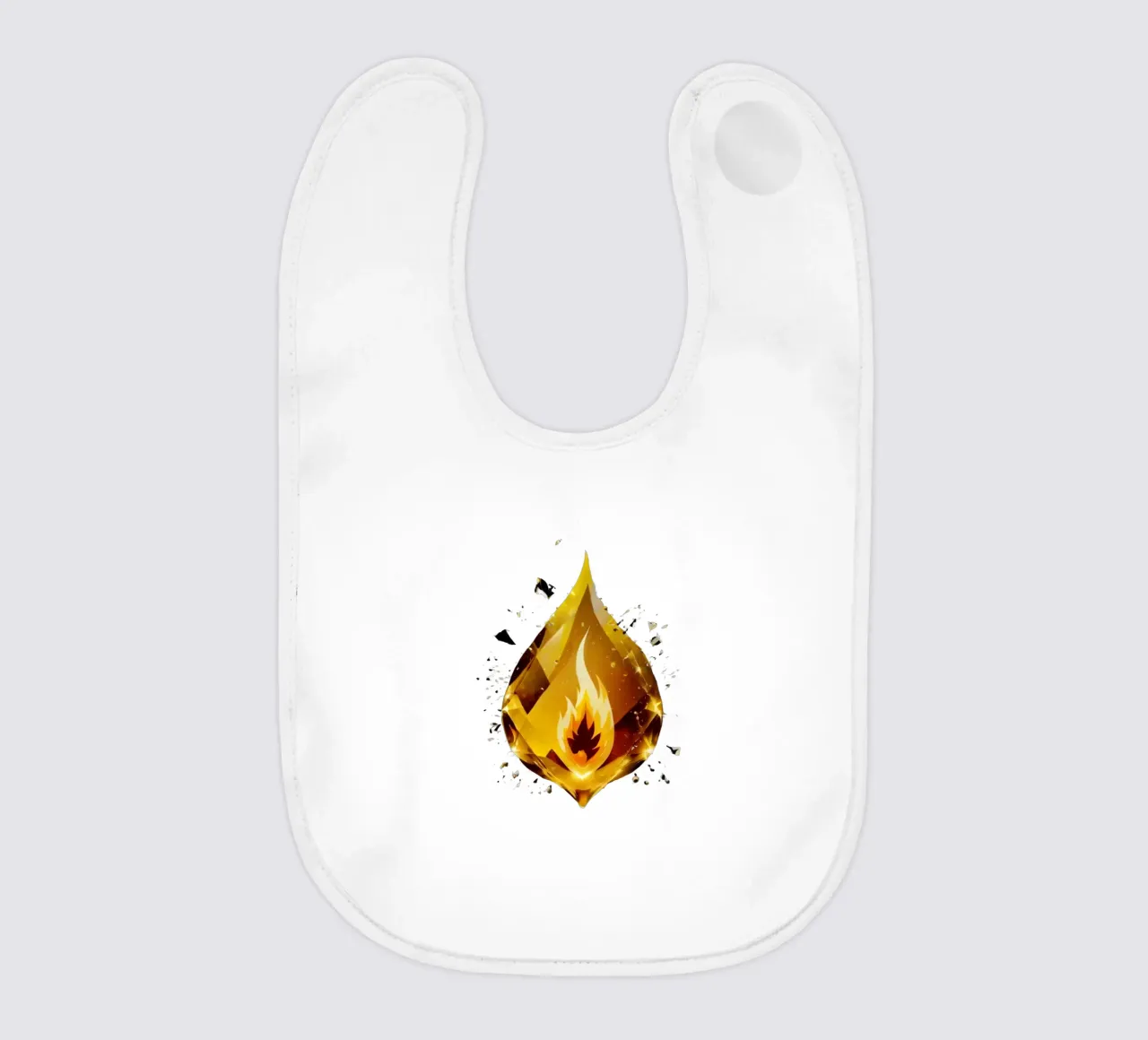 Grafica a fiamma dorata stilizzata con emblema di fuoco e shatter bavaglino da DesignDoodle