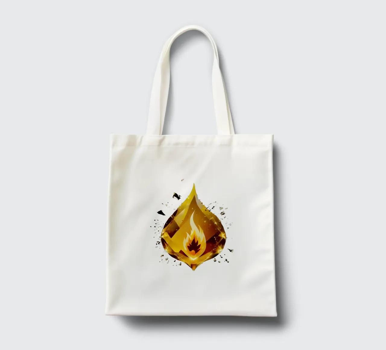 Grafica a fiamma dorata stilizzata con emblema di fuoco e shatter borsa in juta da DesignDoodle