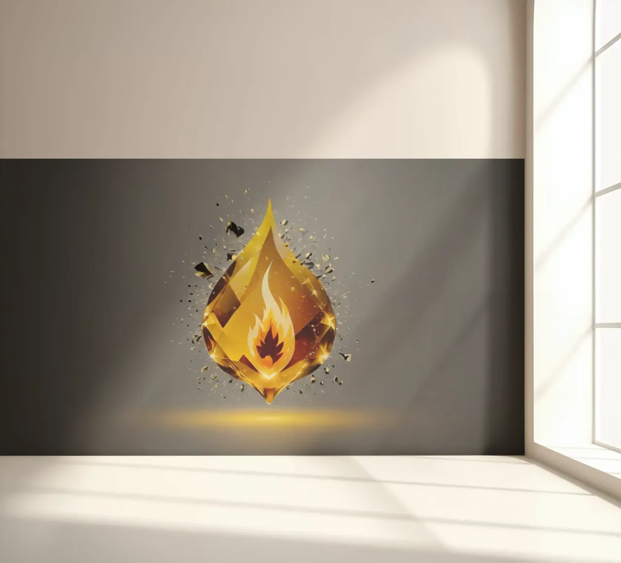 Stylized golden flame graphic with fiery emblem and shattere photo wallpaper by DesignDoodle