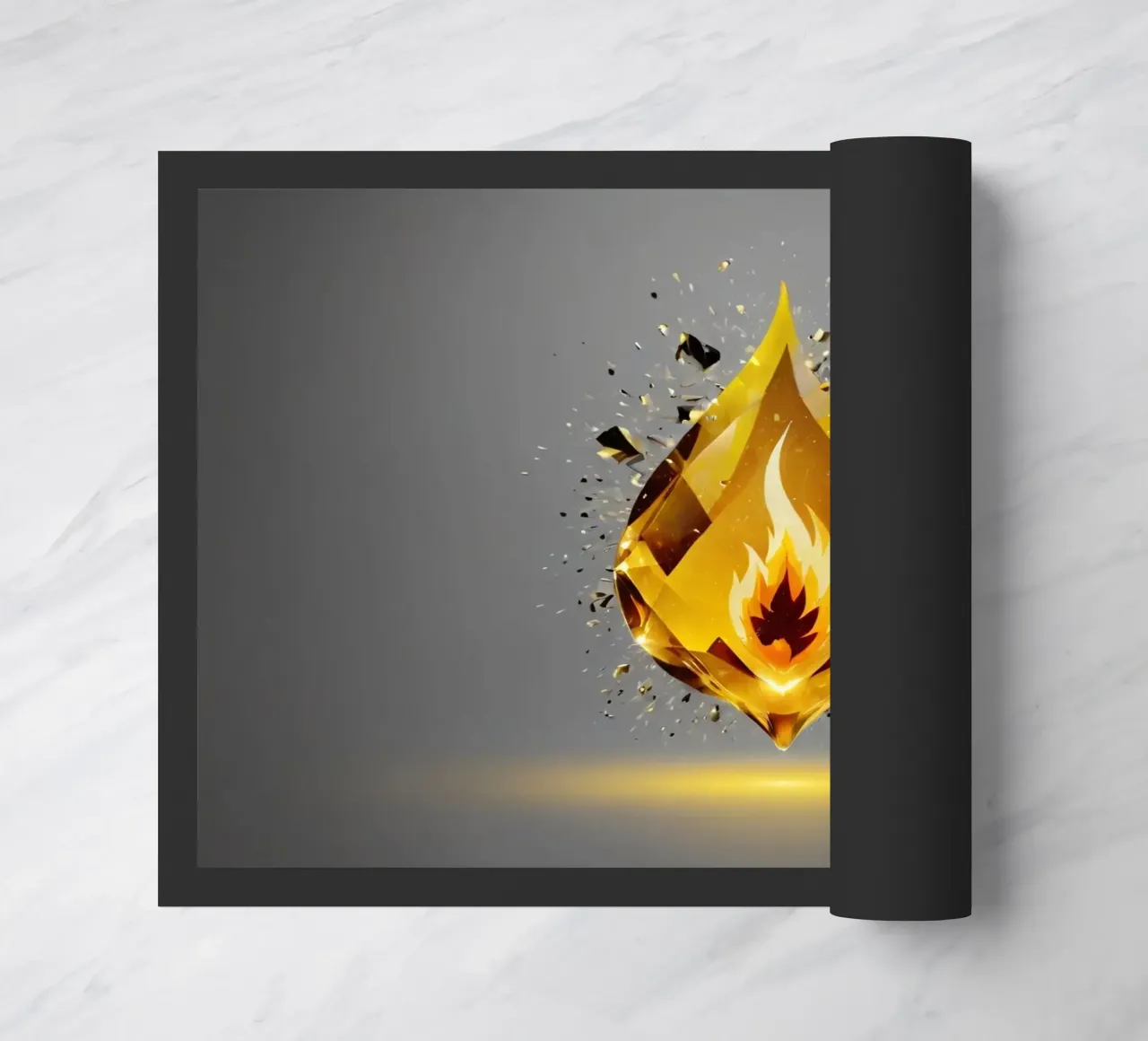 Grafica a fiamma dorata stilizzata con emblema di fuoco e shatter zerbino da DesignDoodle