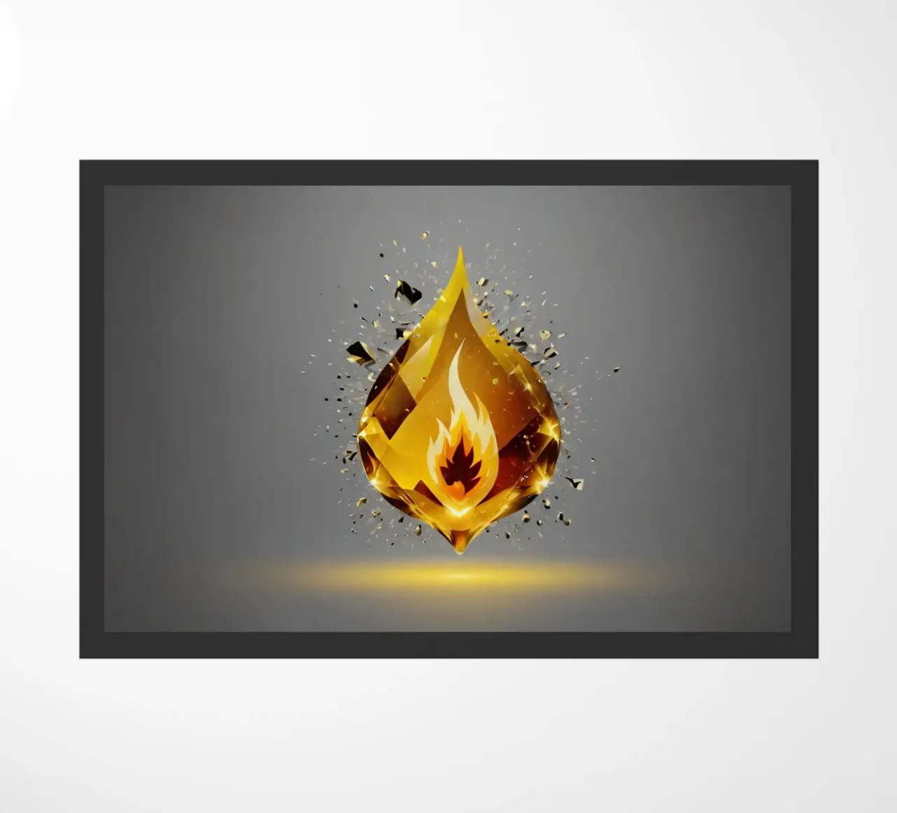 Grafica a fiamma dorata stilizzata con emblema di fuoco e shatter zerbino da DesignDoodle