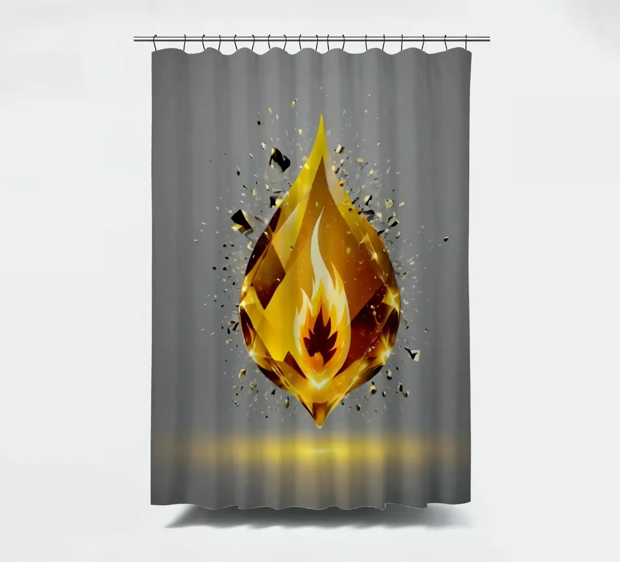 Grafica a fiamma dorata stilizzata con emblema di fuoco e shatter tenda da doccia da DesignDoodle