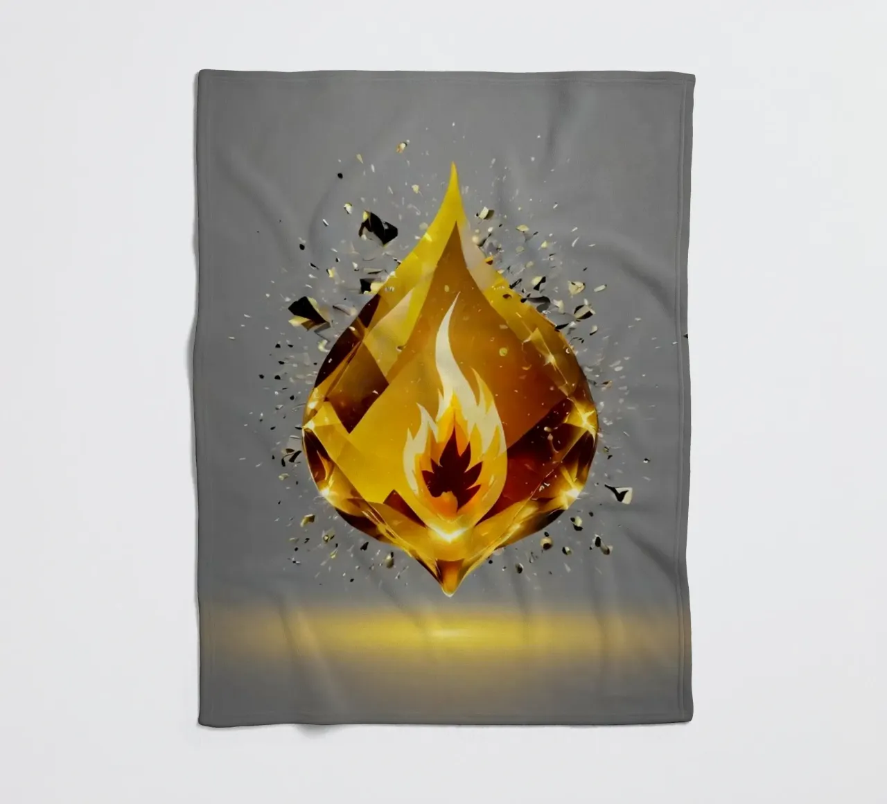 Grafica a fiamma dorata stilizzata con emblema di fuoco e shatter coperta in pile da DesignDoodle