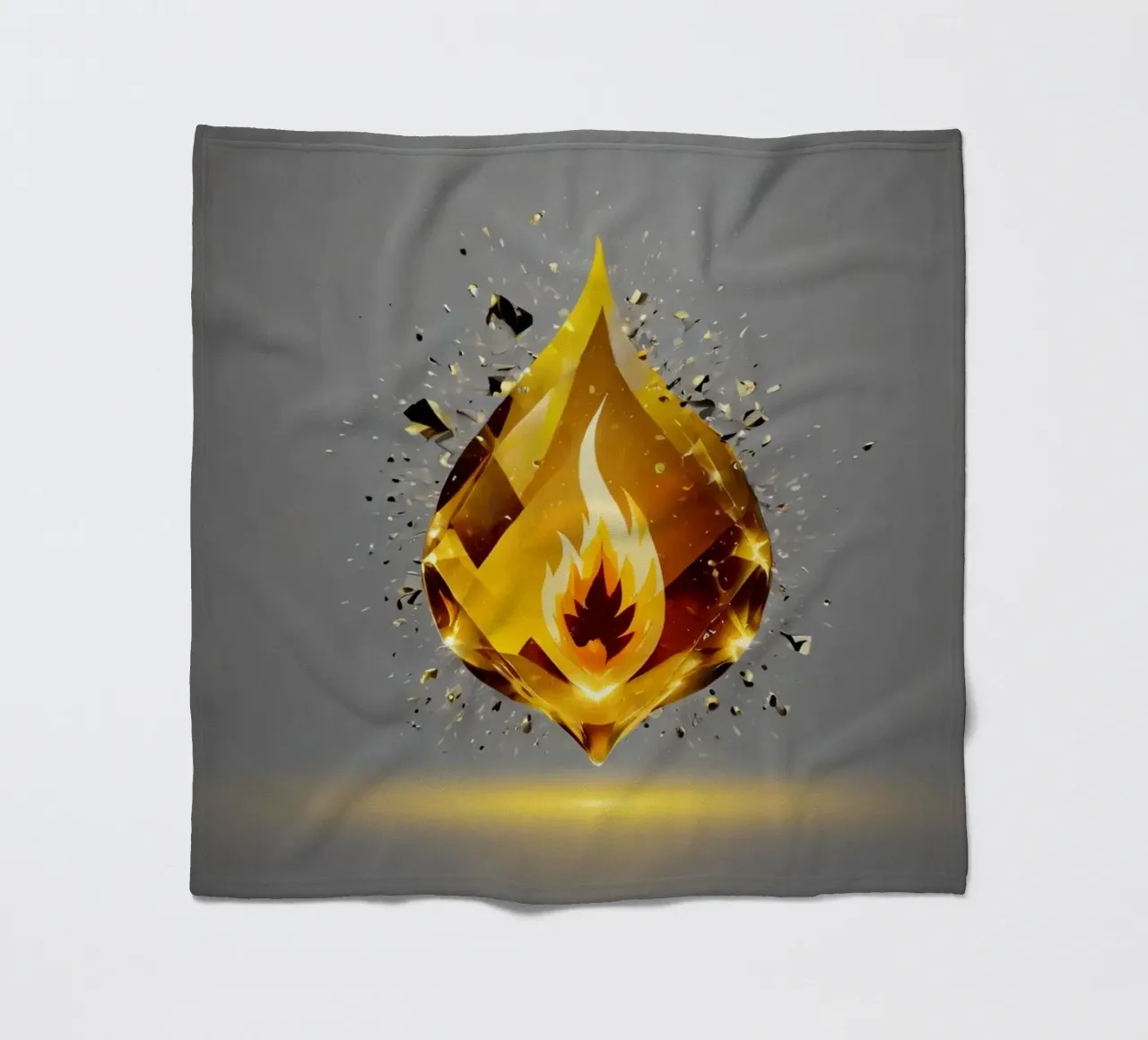 Grafica a fiamma dorata stilizzata con emblema di fuoco e shatter coperta in pile da DesignDoodle