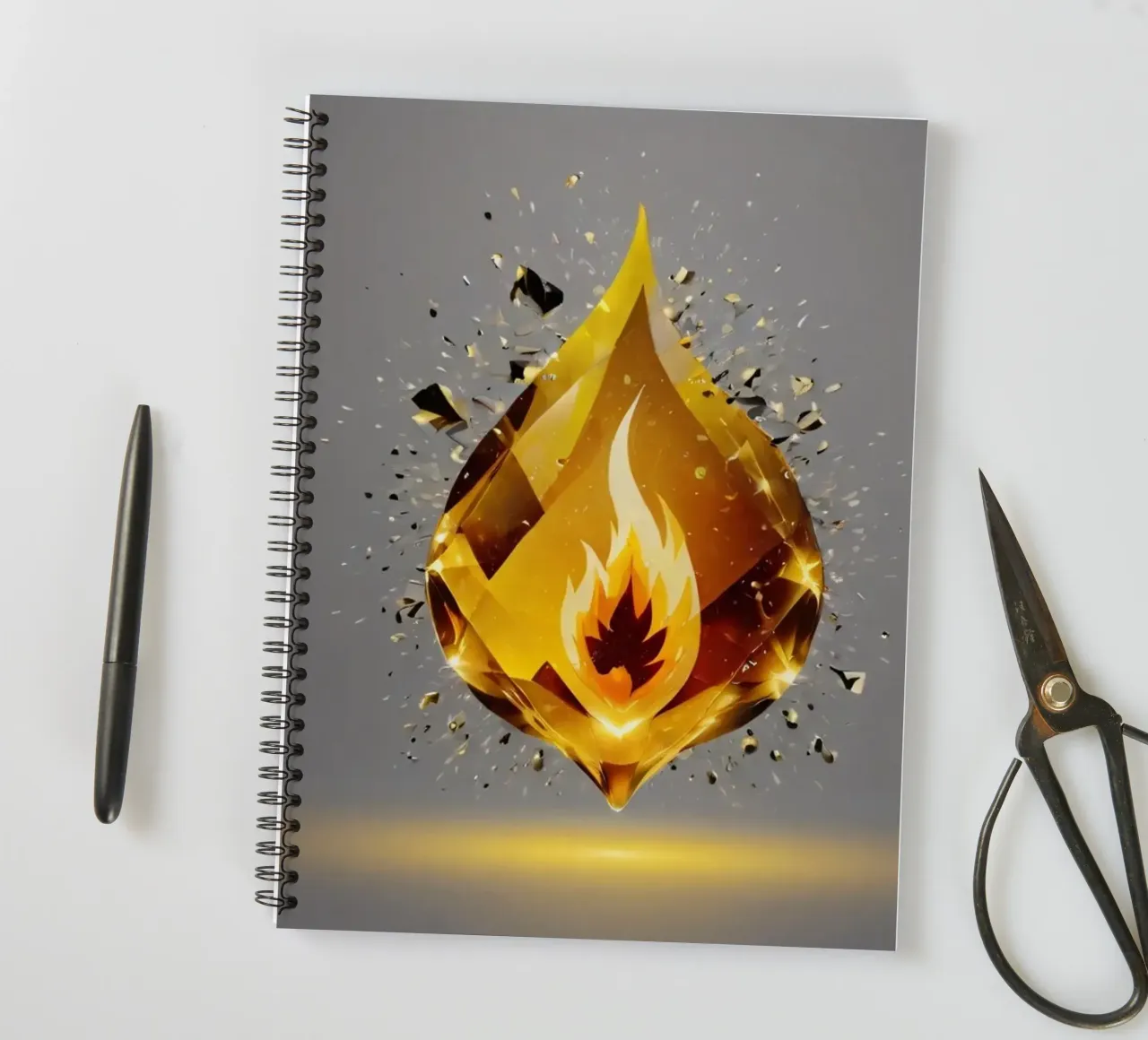 Stylized golden flame graphic with fiery emblem and shattere spiral notebook by DesignDoodle